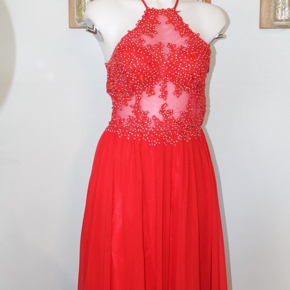 Blondie Nites Dresses & Skirts - Blondie Nites Red Jeweled Halter Chiffon Dress